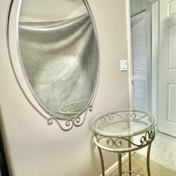 Silver Finish Metal Mirror And Side Table