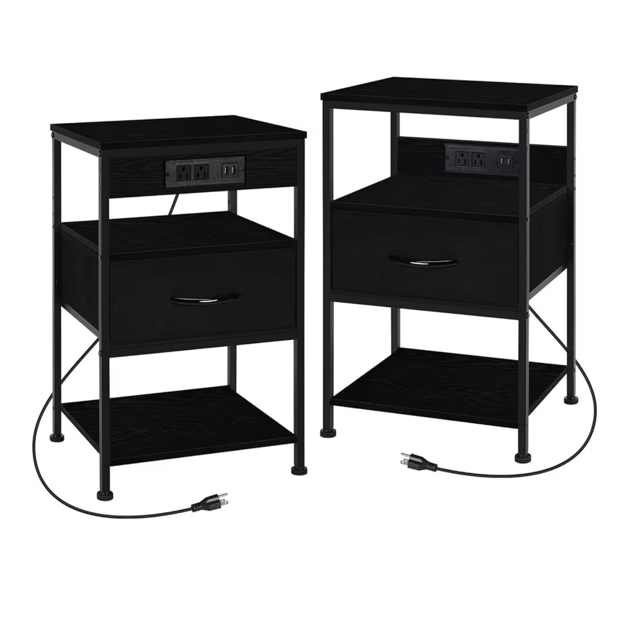 Black Nightstand Set of 2 with Charging Station Small End Side Table Living Rooms Modern Bedside Tab