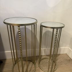 (2) Gold Brushed Round Small Accent Tables/Stands