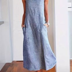 Summer Midi Dress with Pockets, Sleeveless And Round Neck, Featuring Stripes. Size: S/M