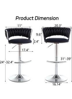 Velvet Bar Stools Set of 2, Counter Height Barstools with Low Back, Swivel Bar Stool for Kitchen Island, Pub (Black)