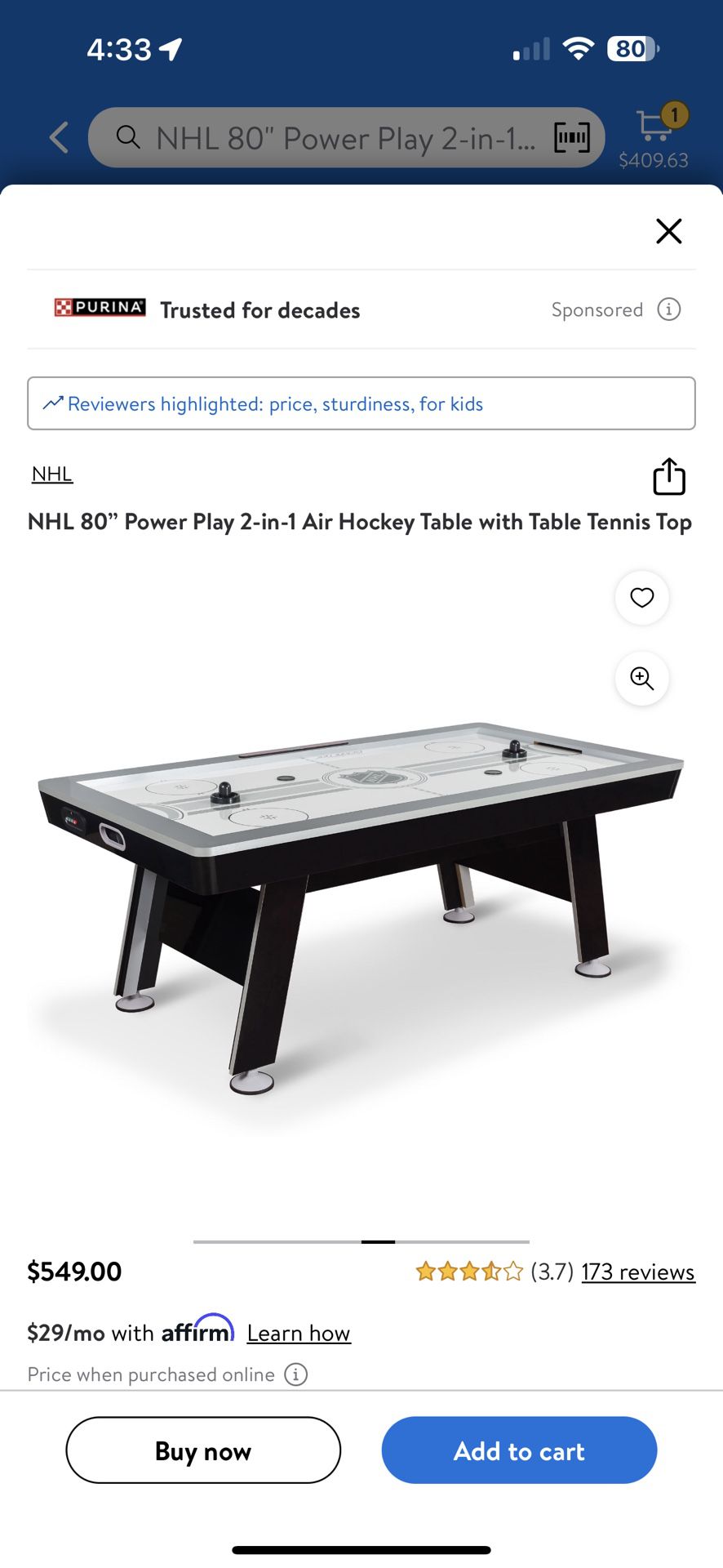 NHL 80" Power Play 2-in-1 Air Hockey Table with Table Tennis Top