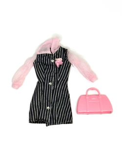 Black Pin Striped Dress and Pink Handbag from Vintage 1997 Mattel “Barbie Fashion Avenue – Boutique #18128””