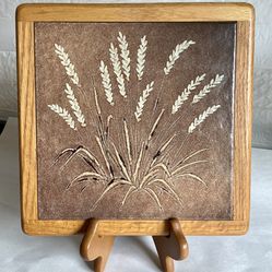 Vintage MCM Wood Framed Ceramic Wheat Tile Trivet