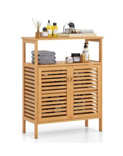 New assembled Bamboo Floor Cabinet, Bathroom Storage Cabinet with Double Slatted Doors, Open Shelf,