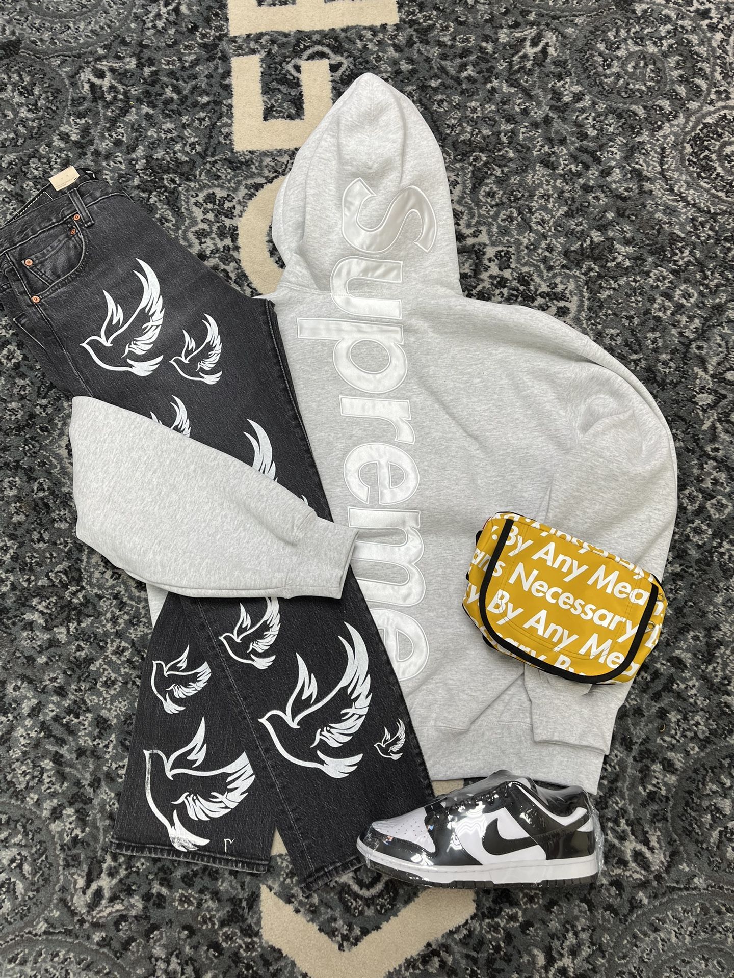SUPREME SATIN HOODIE , NIKE PANDA DUNKS , LEVI 501