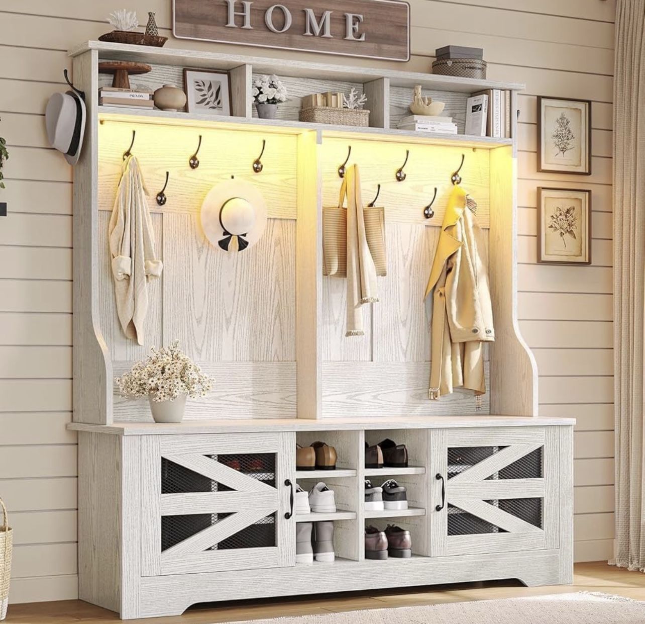 Hall Tree with Bench and Shoe Storage, 5-in-1 Entryway Bench with Coat Rack, 16 Shoe Cubbies & 12 Coat Hooks, Barn Door & Adjustable Shelf