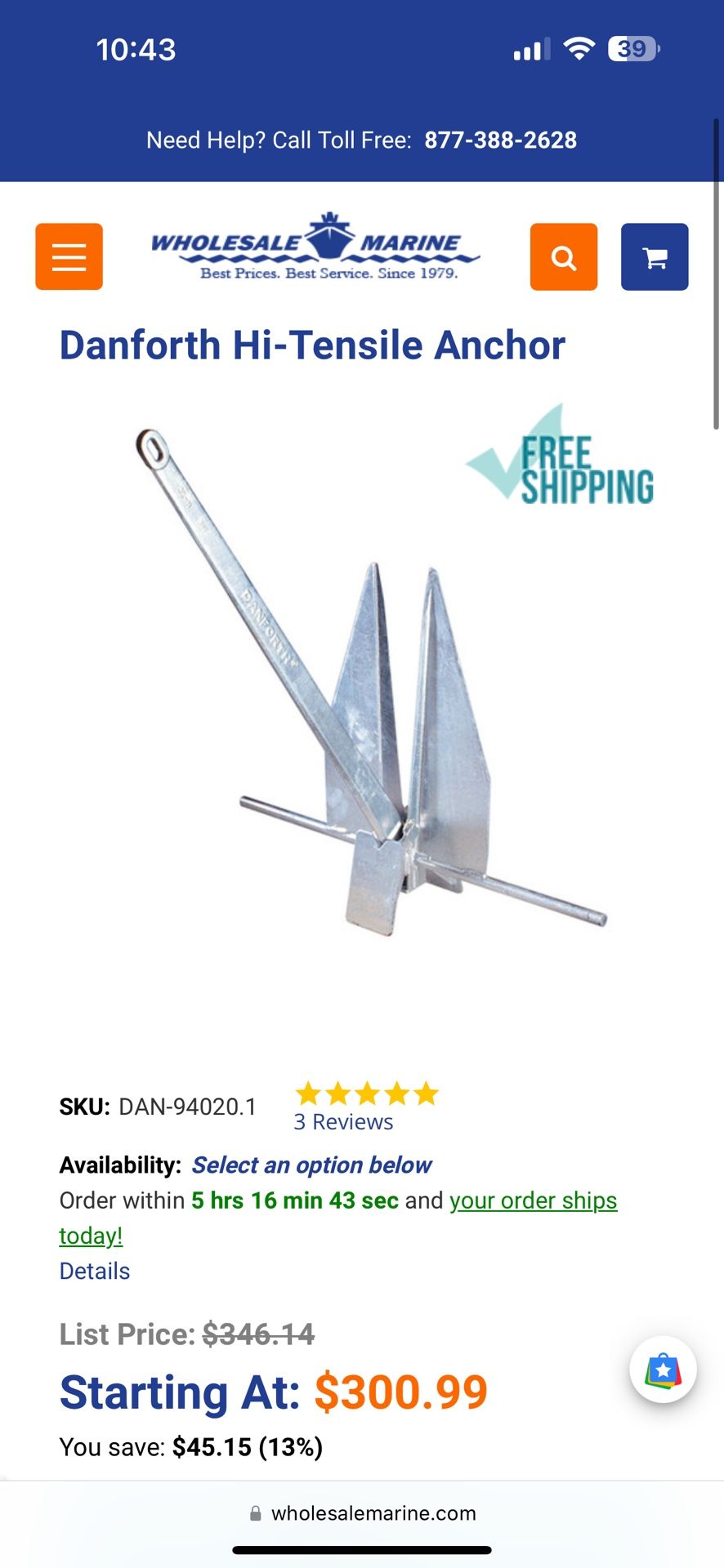 Boat anker DANFORTH 35-H Anchor 35lbs