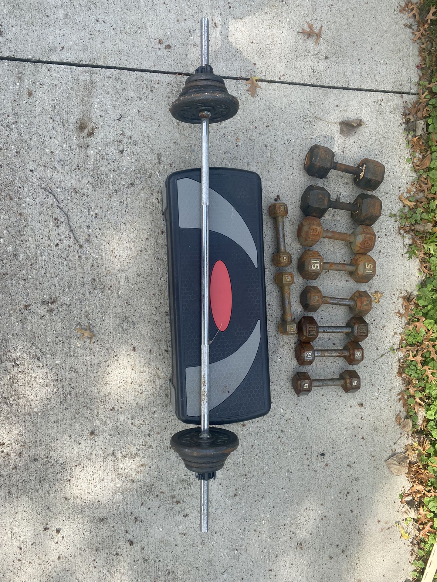 Set of dumbbells and barbell