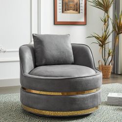 Swivel Accent Chair, 360 Degree Barrel Armchair Modern Fabric Round Sofa with Metal Base and Pillow for Living Room Bedroom (Grey)