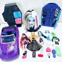 Lot Of Mattel Monster High Mixed of Dolls, Car, Coffin, Doll Head & Accessories 