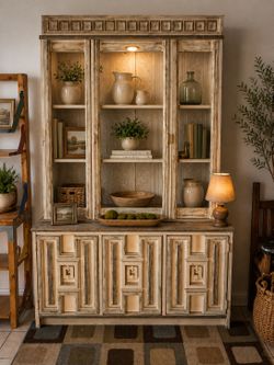 Vintage Cottage Hutch Cabinet | Distressed Farmhouse Lighted Display Cabinet