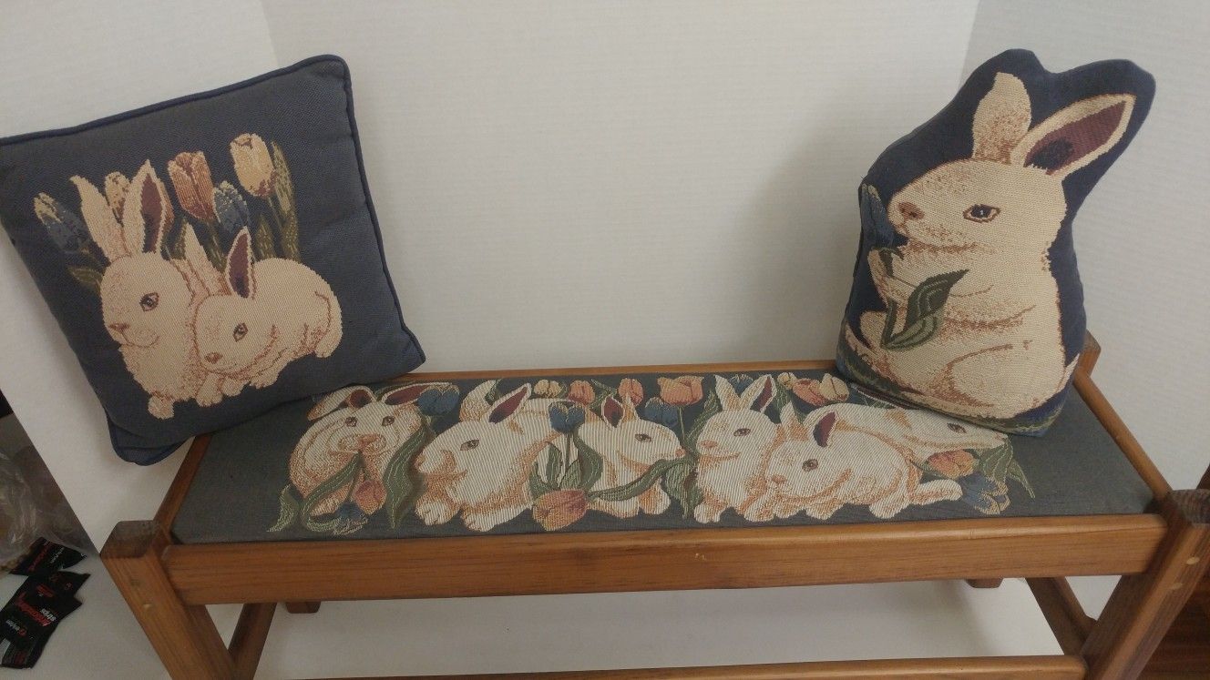 Bunny bench, pillow, door stop.