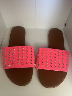 Hot Pink Studded Leather Non Slip Slide On Sandal 