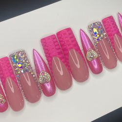 XL square and stiletto Press on nails pink French tips , rhinestones glitter