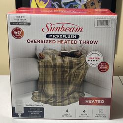 Sunbeam Microplush Oversized Heated Throw 60X80 Inch Grey/Brown Plaid 4 Settings