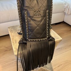 Chanel Quilted Black Leather Fringe Shoulder Bag with Chain Trim