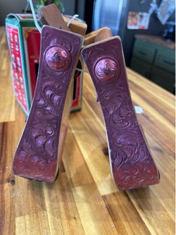 Vintage Wood Western Horse Stirrups with Engraved Metal Trim