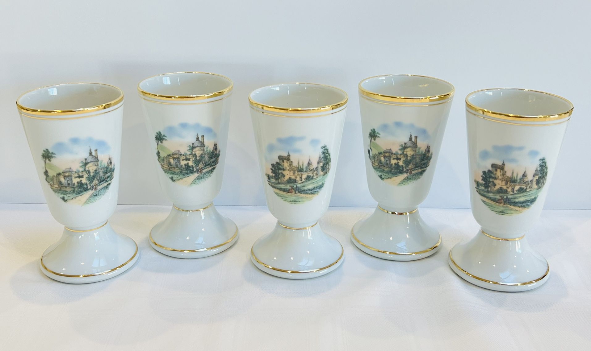 Set of 5 ~ Veritable Porcelain De France Footed Cups ~ Gold Rim/Trim ~ Vintage 1960s