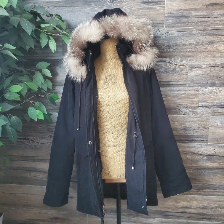 Soft Bernardo Parka Coat Jacket Black Fox Fur Hood Lining Women's Size Small
