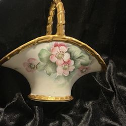 B&C Limoges France Floral Basket Trimmed In Gold