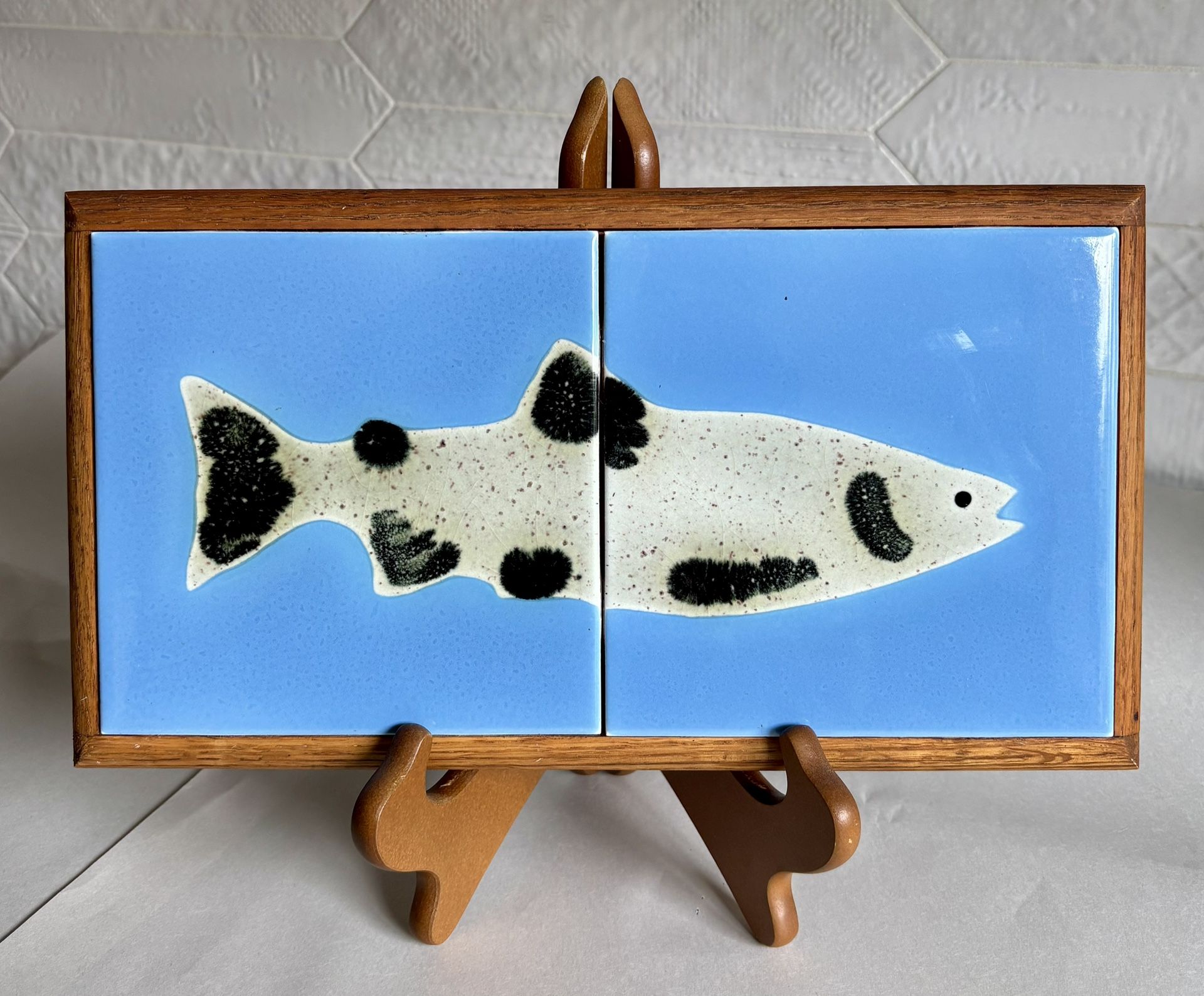 Vintage Wood Framed Two-Tile Fish Themed Trivet