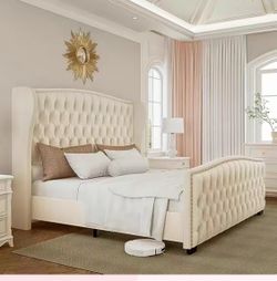 King Platform Bed Frame with Wingback Headboard, Velvet Upholstered Bed Frame with Handmade Button Tufted & Nailhead, Wooden Slats Support,