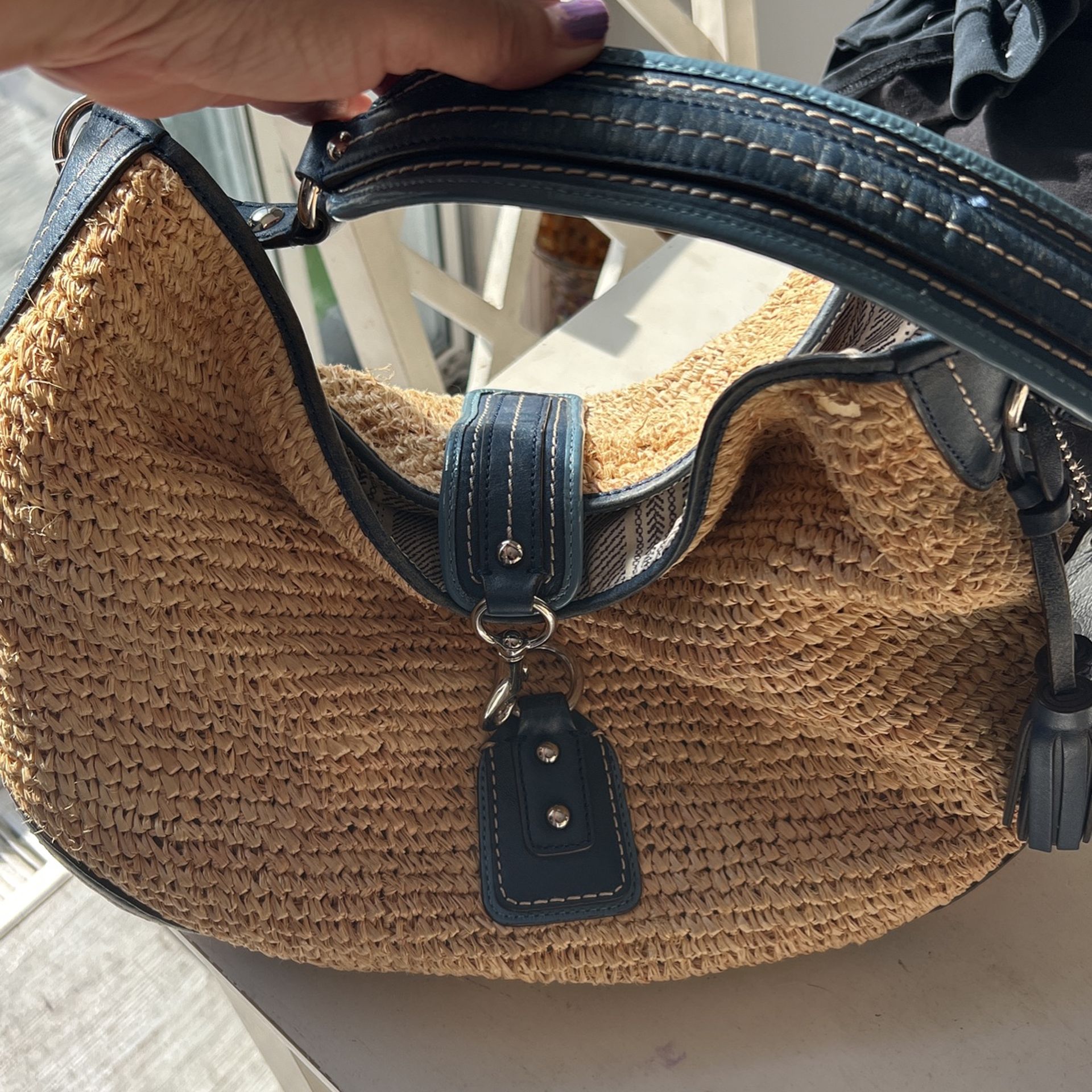 Coach Straw Shoulder Bag With Navy Blue Handle Trim