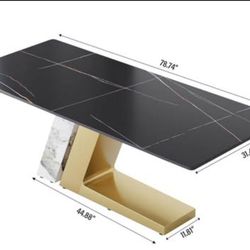 79" Modern Dining Table, Black Sintered Stone Tabletop with Stainless Steel Base, Kitchen Dining Room (Table Only