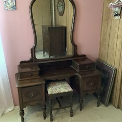 Antique Dresser, Vanity And Bench. 
