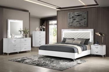 Four piece, queen bedroom set with Queen Bed Frame, dresser, mirror, and Nightstand