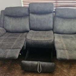 Reclining Couch With Outlet, Cup Holder Drop Table & Storage