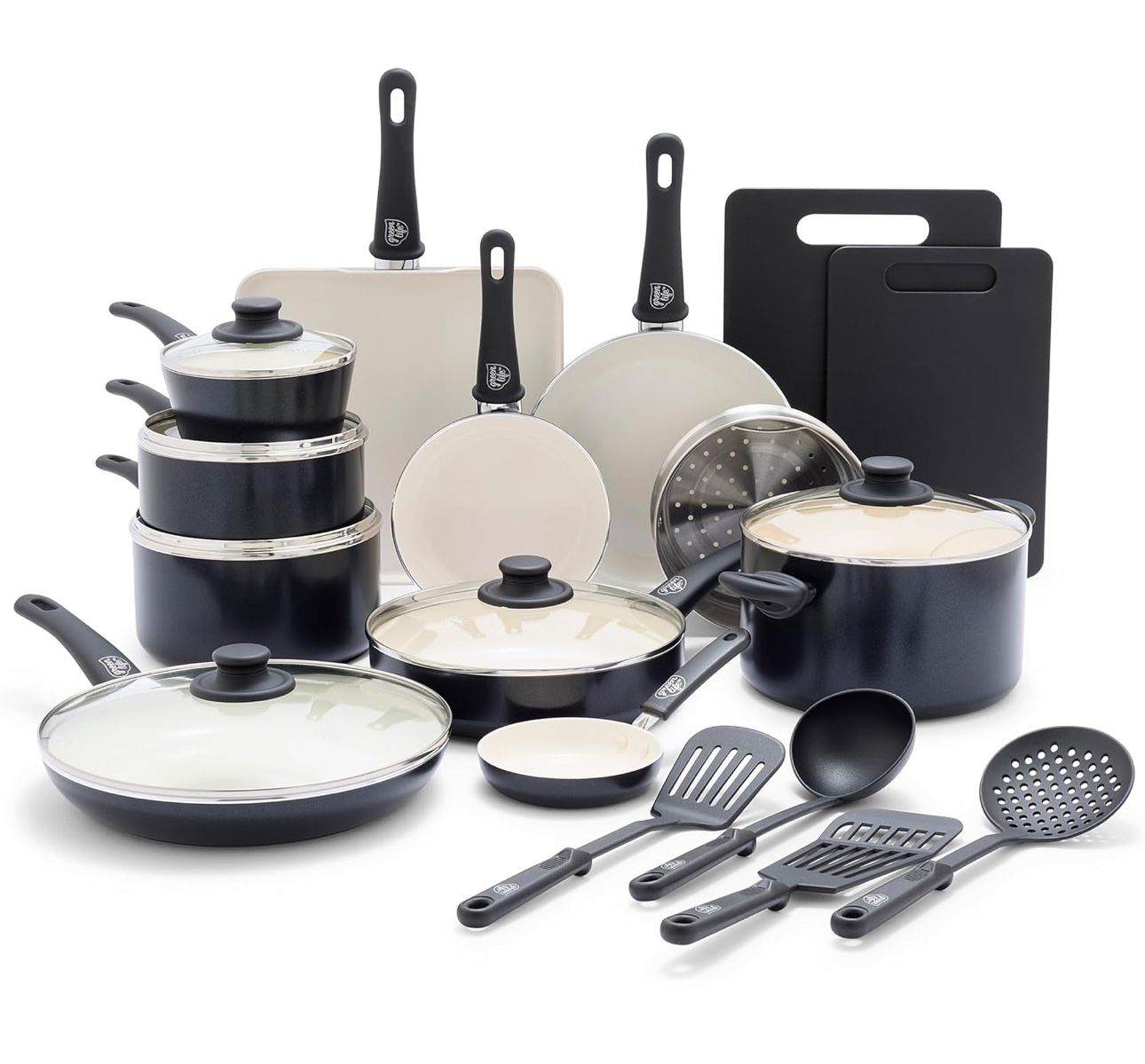GreenLife Soft Grip Healthy Ceramic Nonstick 23 Piece Kitchen Cookware Pots and Frying Sauce Saute Pans Set with Kitchen Utensils, PFAS-Free, Dishwash