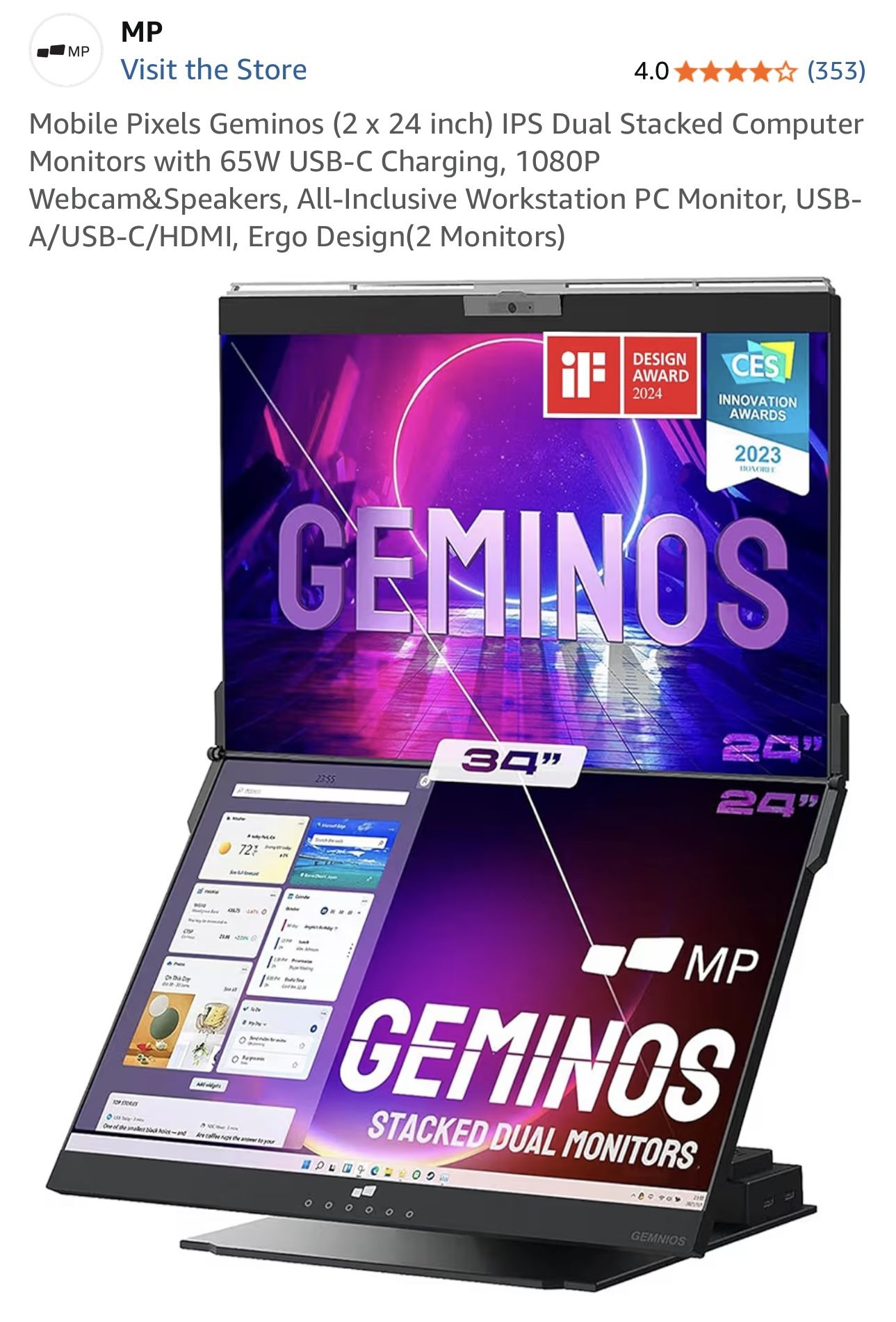 Mobile Pixels Geminos (2 x 24 inch) IPS Dual Stacked Computer Monitors