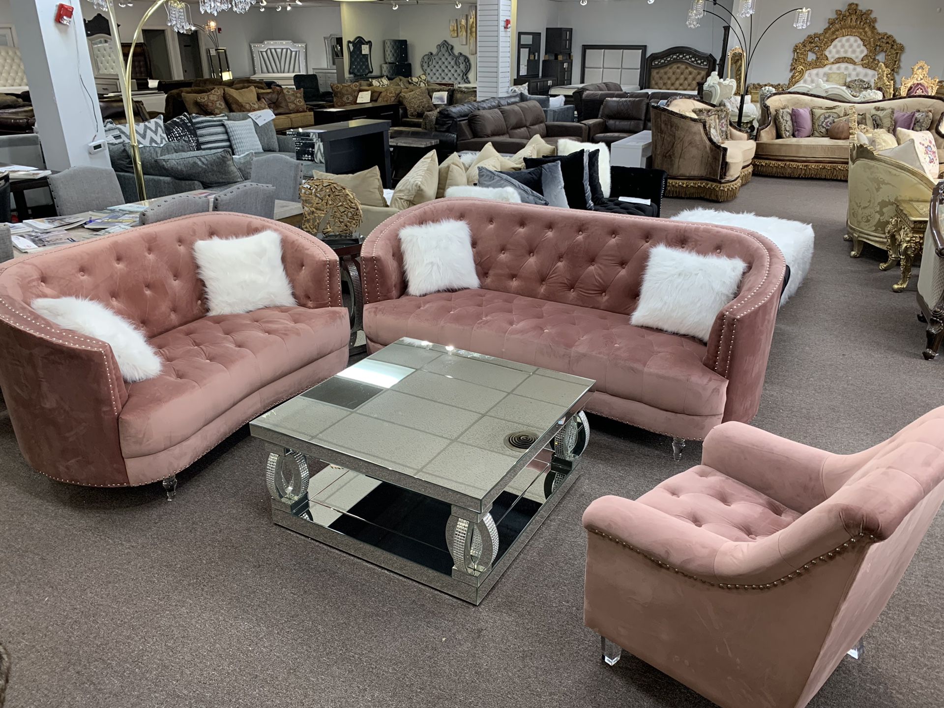 pink velvet living room set