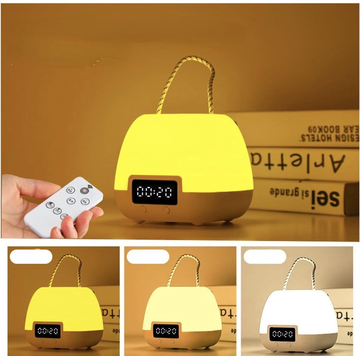Creative Desk Lamp, Night Light with Digital Clock Display, Rechargeable Baby Alarm Clock Via USB Tricolor Dimmable 10 Brightness Levels Timer Camping