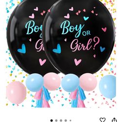 Gender Reveal Balloon Kit, 2pcs 36" Jumbo Black Balloons with Blue Pink Balloons, Tassels and Heart Shaped Paper Confetti for Baby Gender Reveal Party