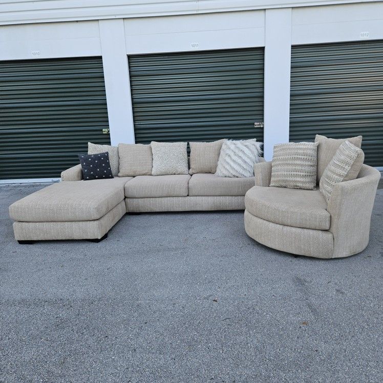 Tan Studded Sectional & Swivel Chair - FREE DELIVERY