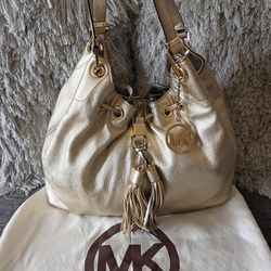 Michael Kors Gold Pebbled Leather Camden Tassel & Logo Drawstring Shoulder Bag