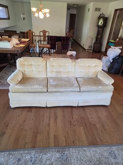 Vintage Beige Velvet Tufted Couch with Skirted Base With Side Chairs