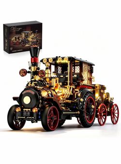 chanbrick Retro Mechanical Steam Car Building Set for Adults, Vintage Steampunk Locomotive Vehicle Engine Kit Collectible Model with Light for Home Of