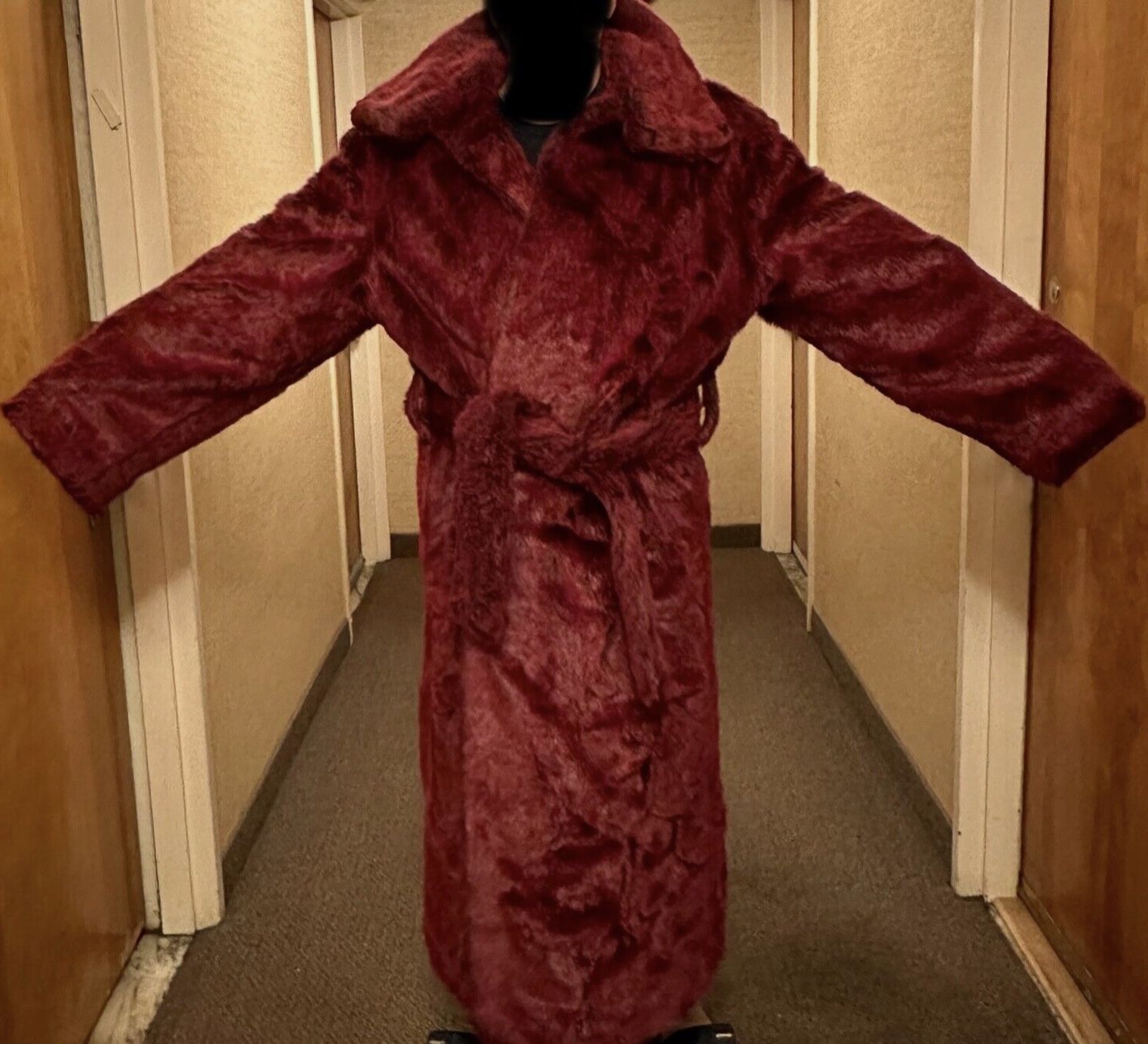 FAUX FUR LONG RED and BLACK COAT XL ELEGANT WARM UNIQUE -ONLY ONE CUSTOM MADE, NOT COMMERCIALLY PRODUCED-