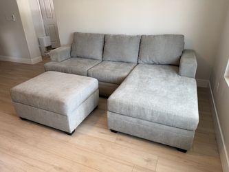Modern Light Gray Reversible Sectional Couch + Storage Ottoman