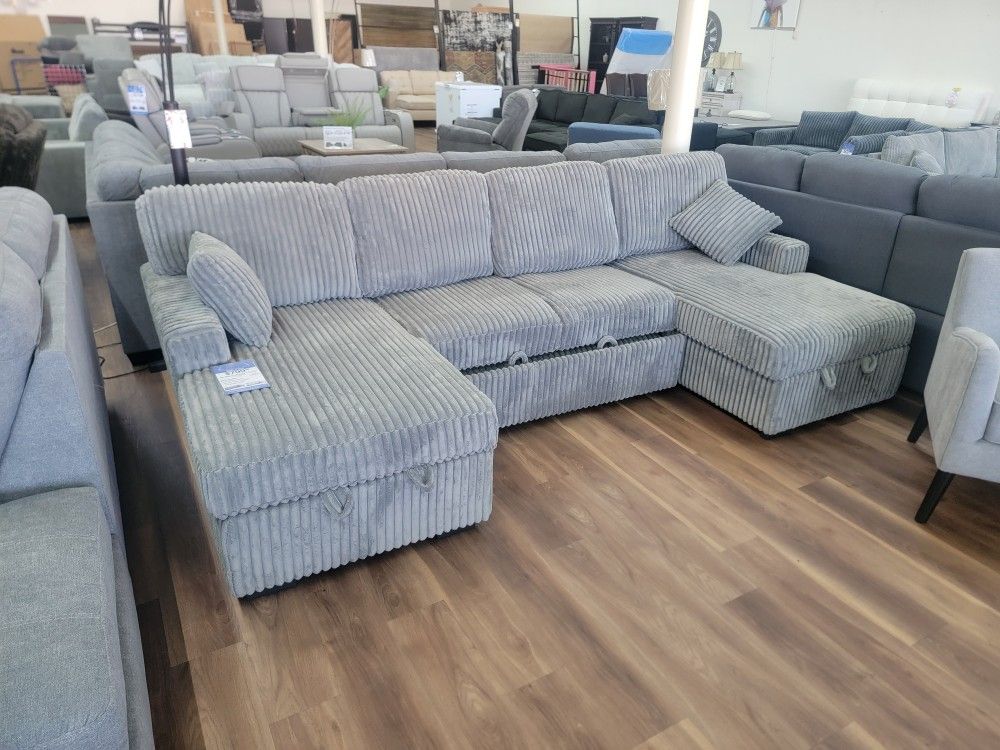 New Double Chaise Sleeper Storage Sectional In Grey