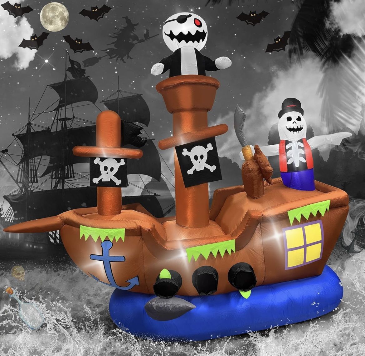 LED Pirate Ship with Ghost Skeleton Halloween Blow Up Yard Inflatable Decoration