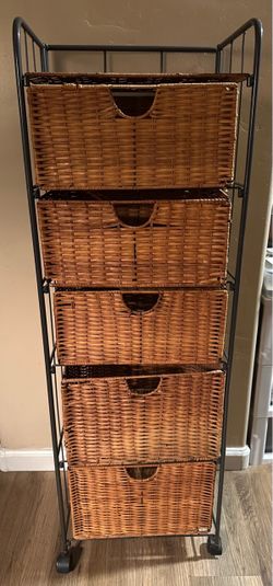5-Drawer Wicker Basket Rolling Storage Cart
