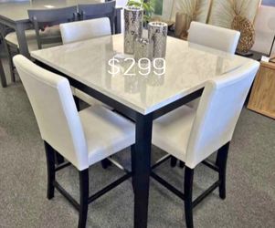 5- Pc Counter Height Dining Table Set White Faux Marble Table Top