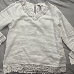 Charter Club White Lace Accent Blouse 100% Linen