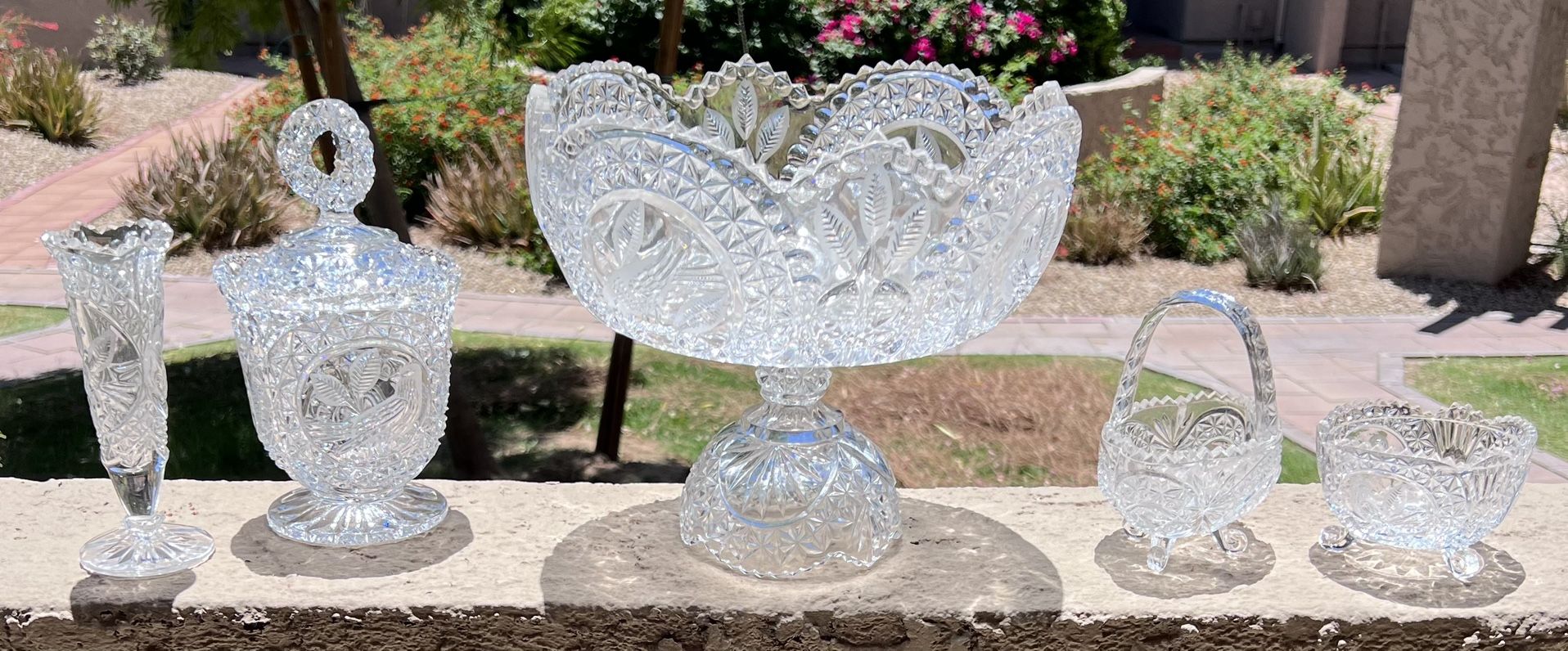 Hofbauer Byrdes Etched Cut Crystal Vase, Covered Candy Dish, Footed Basket, Compote Bowl 6 PiecesTtl