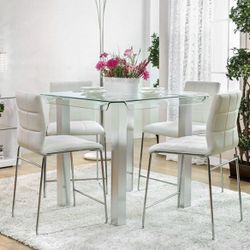 NEW WHITE & SILVER 5PC. COUNTER HEIGHT DINING TABLE SET